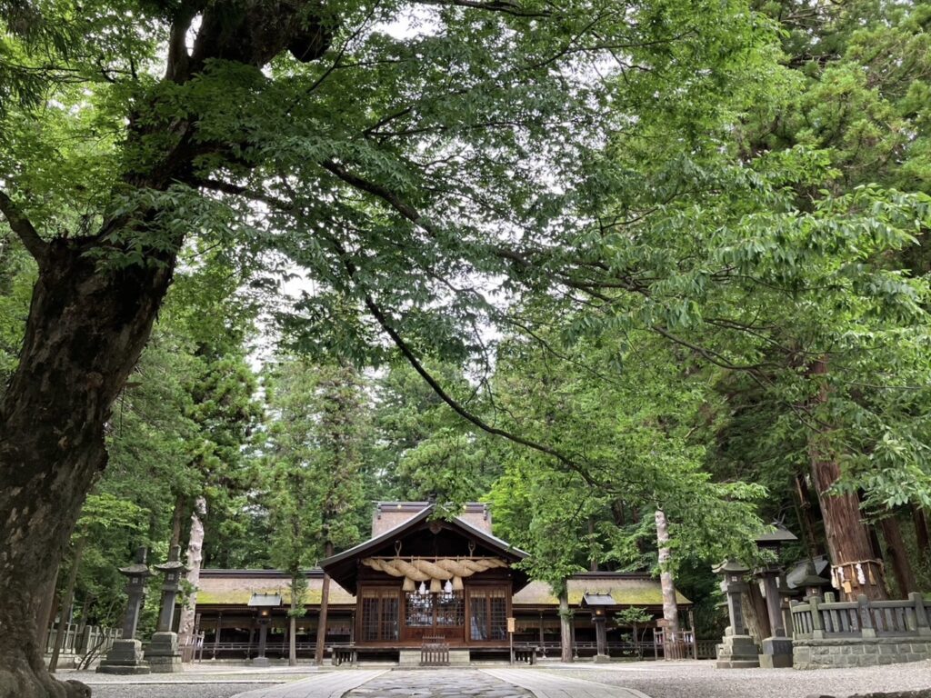 次は春宮　↓ こちらも正面に神楽殿がある。歴史ある一ノ宮だけあって神社の木が太くてデカい。