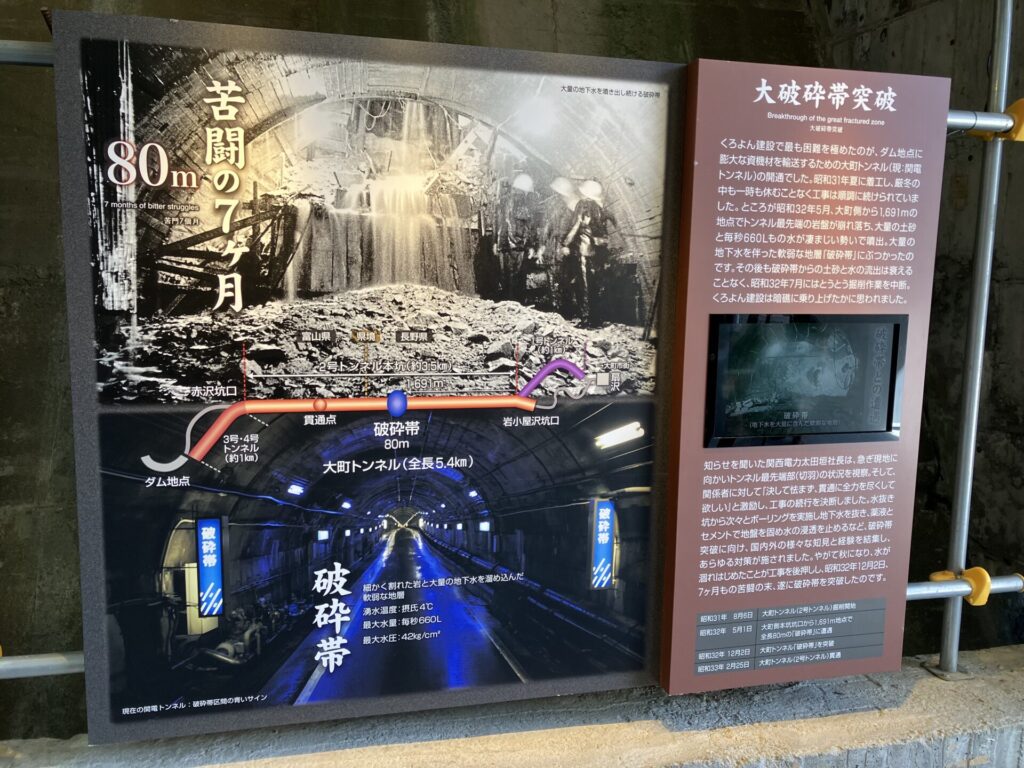 関電トンネル（旧大町トンネル）は全長5.4kmとのことだが、扇沢側から2km程度のところに、わずか80mを掘り進んで突破するのになんと7ヶ月を要する超難工事となった大破砕帯がある。↓